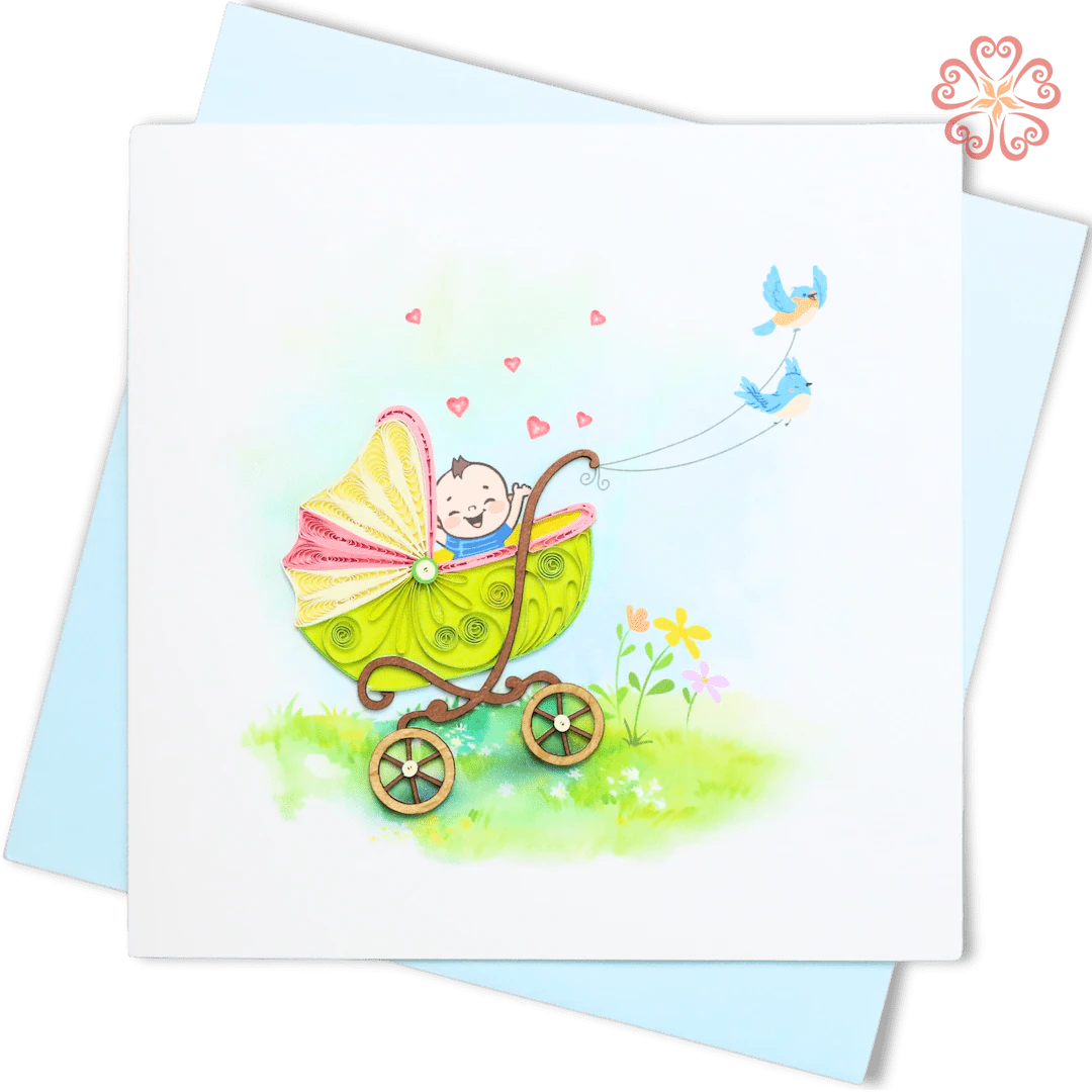 Baby Stroller With Bluebirds Quilling Card