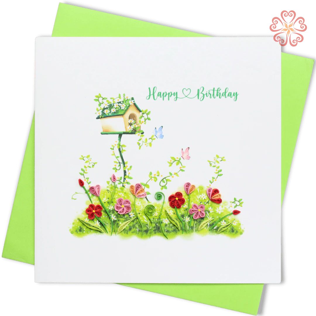 Birdhouse & Flowers Happy Birthday