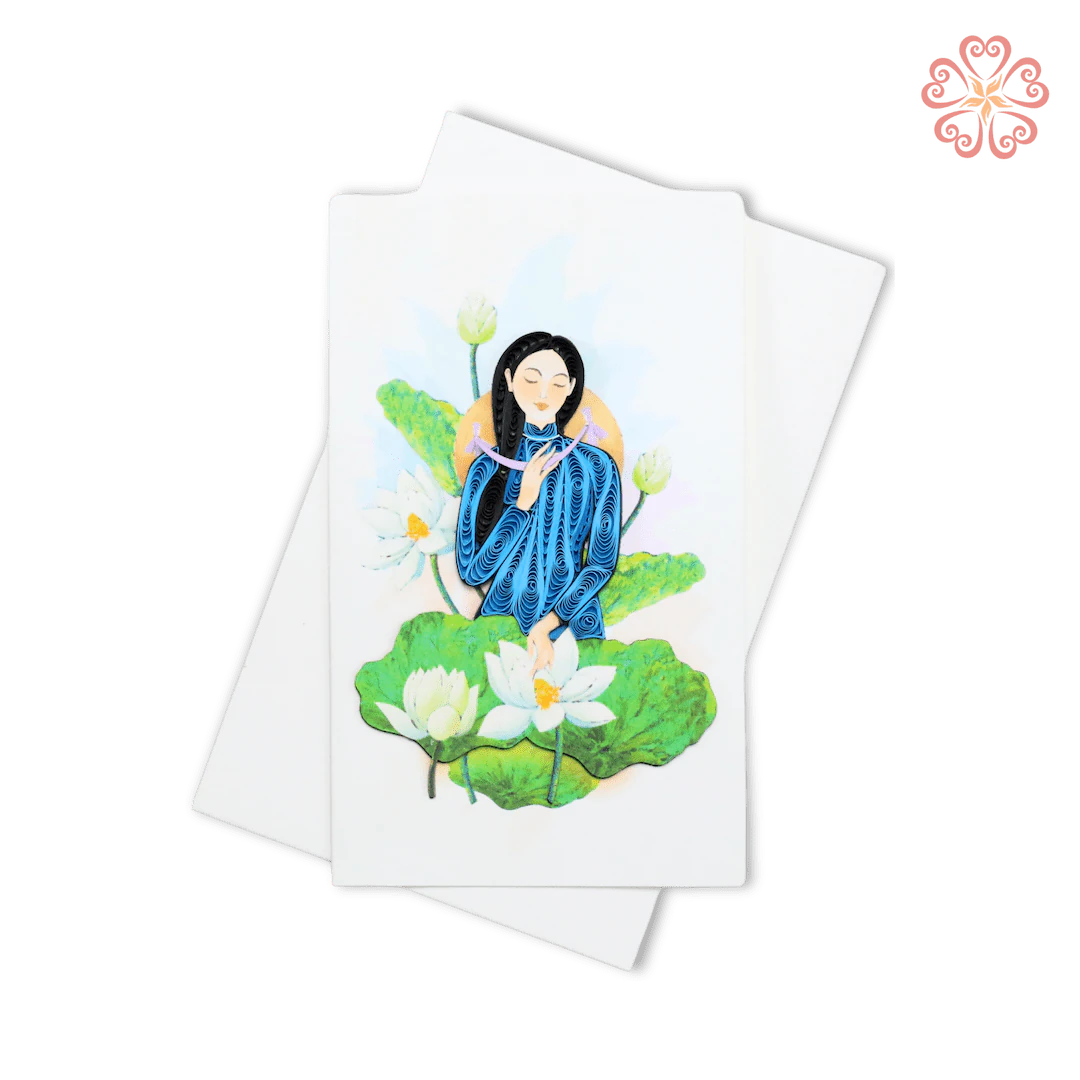 Blue Áo Dài Lotus Woman Quilling Card