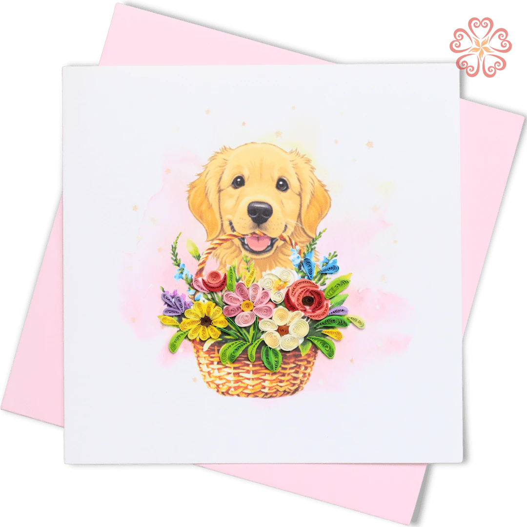 Golden Retriever Puppy in Flower Basket