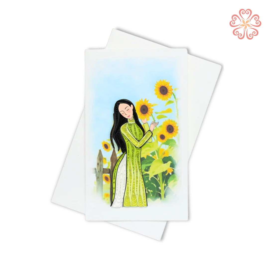 Green Áo Dài Sunflower Field Quilling Card