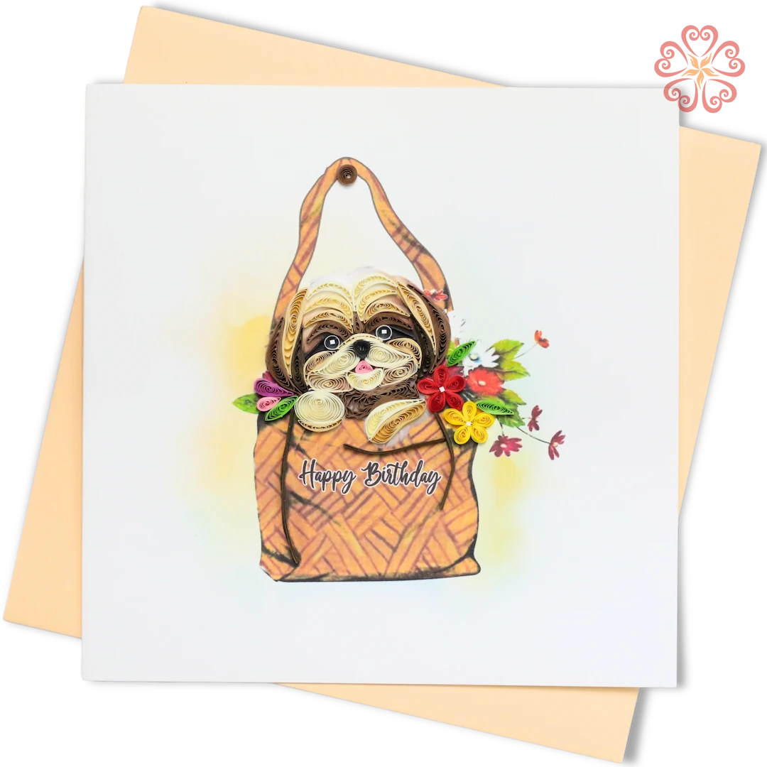 Quilled Puppy in flower gift bag-Quilling Card 15cm x 15cm-Happy Birthday-VN2XM115D71E1-Quilling Art Viet Net from hand with love-1080x1080px