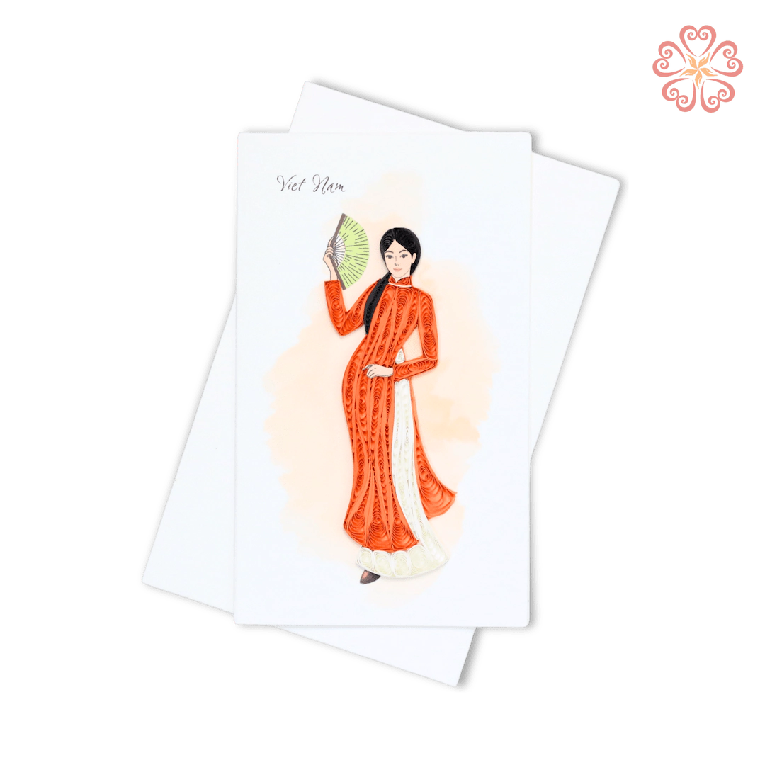 Quilled Woman in Orange Ao Dai With Fan