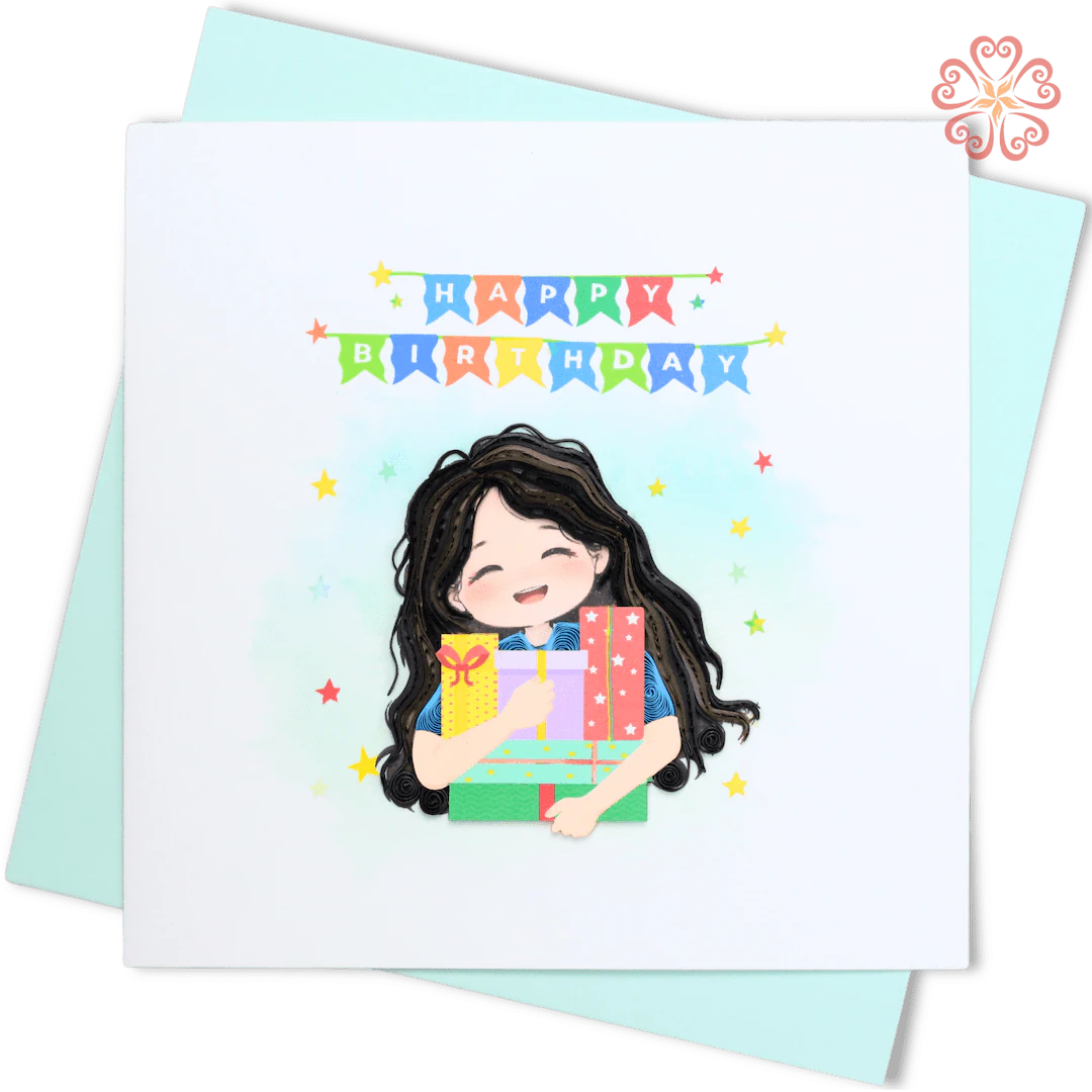 Quilling Girl Holding Birthday Gifts