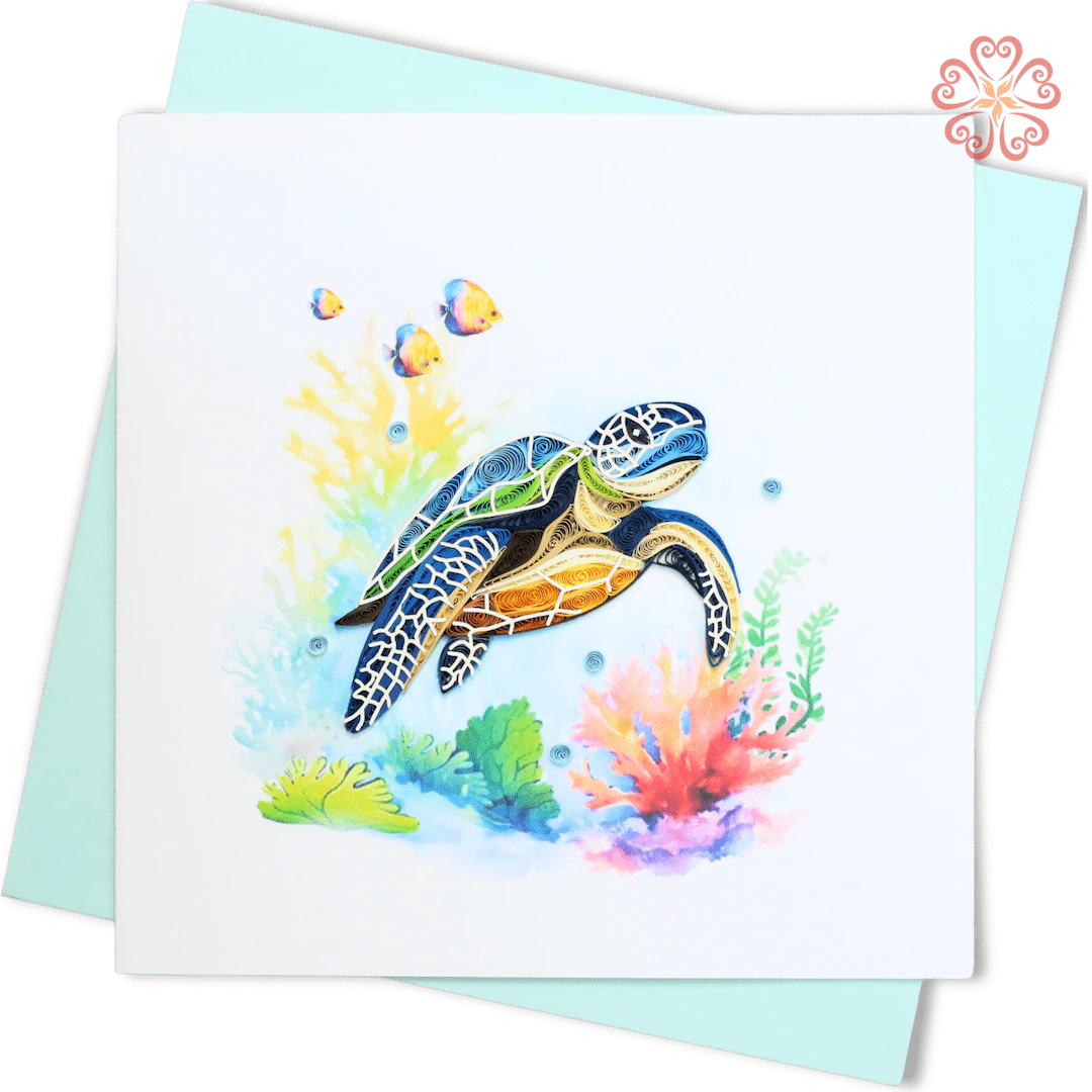 Quilling Sea Turtle With Coral Reef