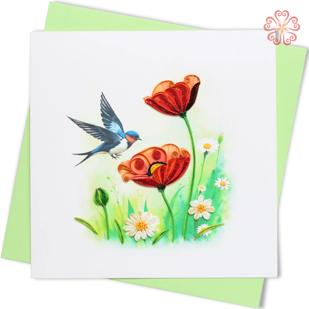 Quilling Swallow Bird & Red Poppies