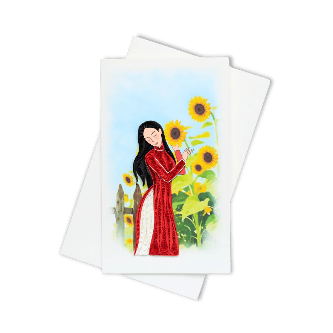 Red Áo Dài Sunflower Field Quilling Card