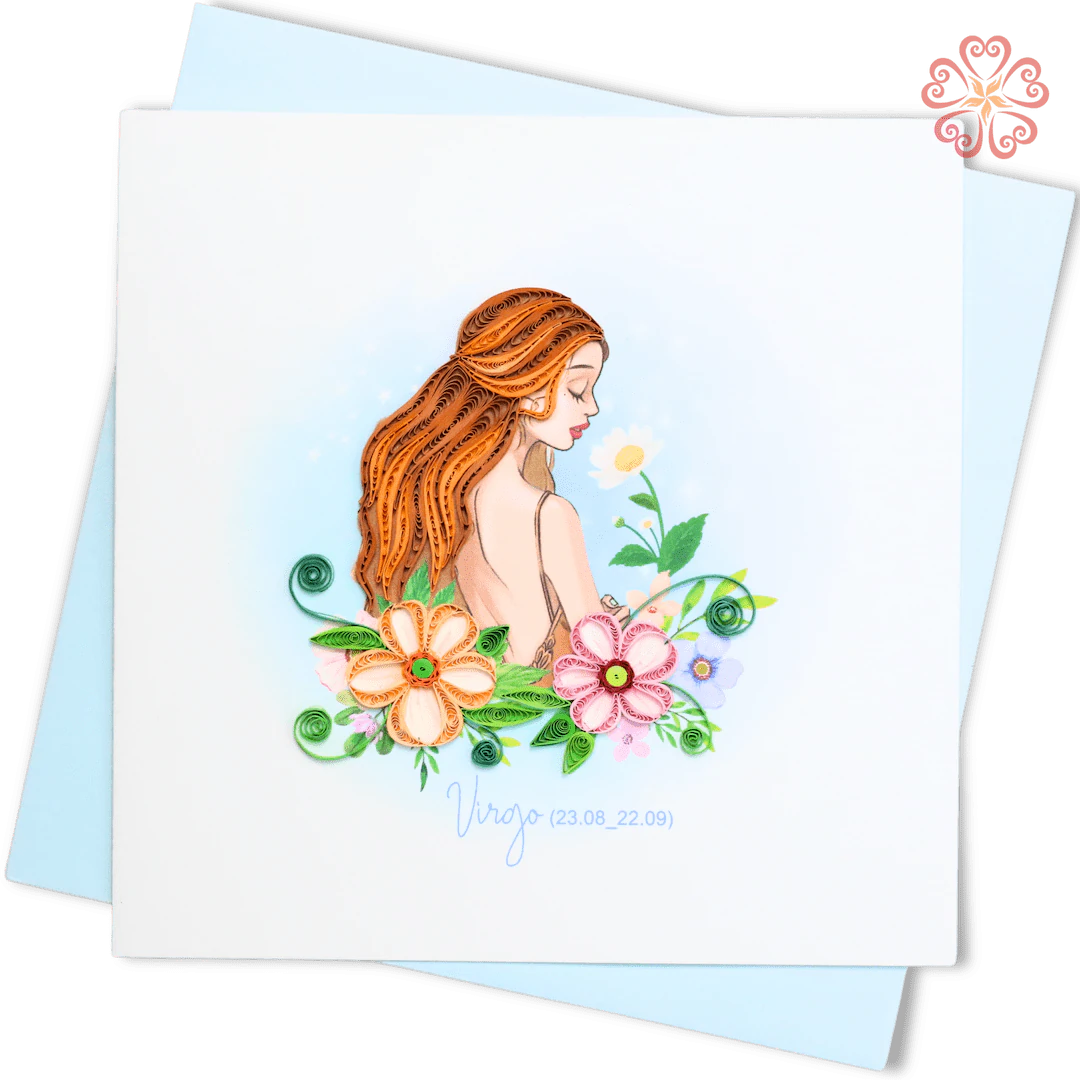 Virgo Zodiac Quilling Card, Maiden With Flowers