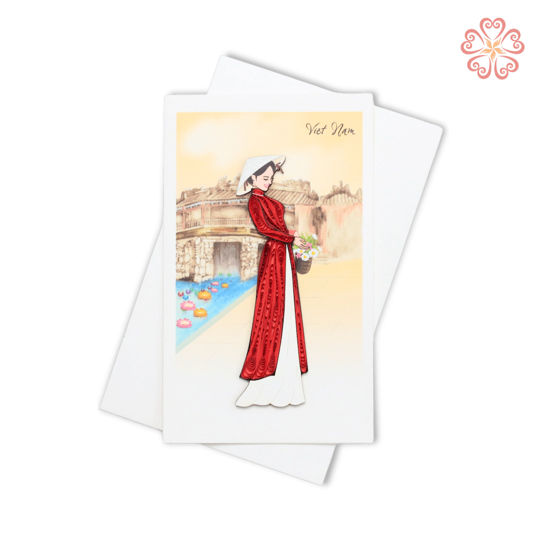 Woman in Red Ao Dai at Hoi an Bridge Quilling Card