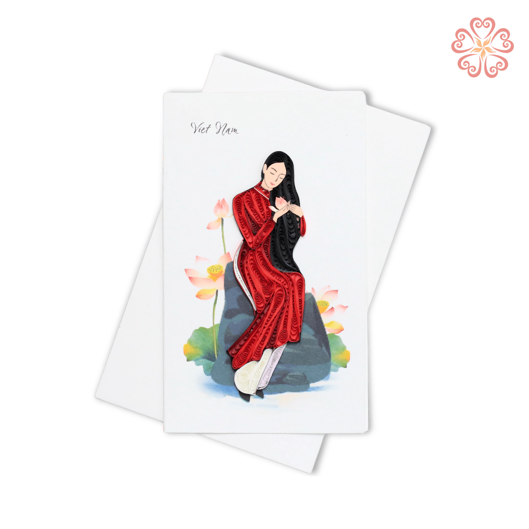 Woman in Red Ao Dai, Seated With Lotus