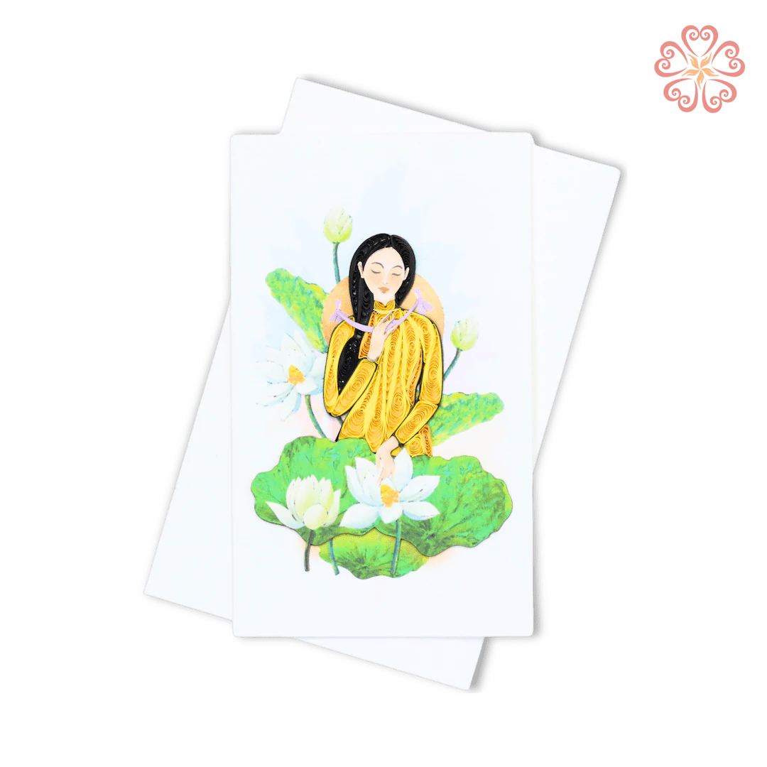 Yellow Áo Dài Lotus Woman Quilling Card