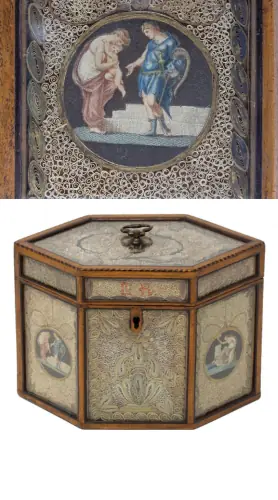 history of quilling - Neoclassical Octagonal Rolled Paper Tea Caddy with Monogram - England — c. 1790 (George III Era).